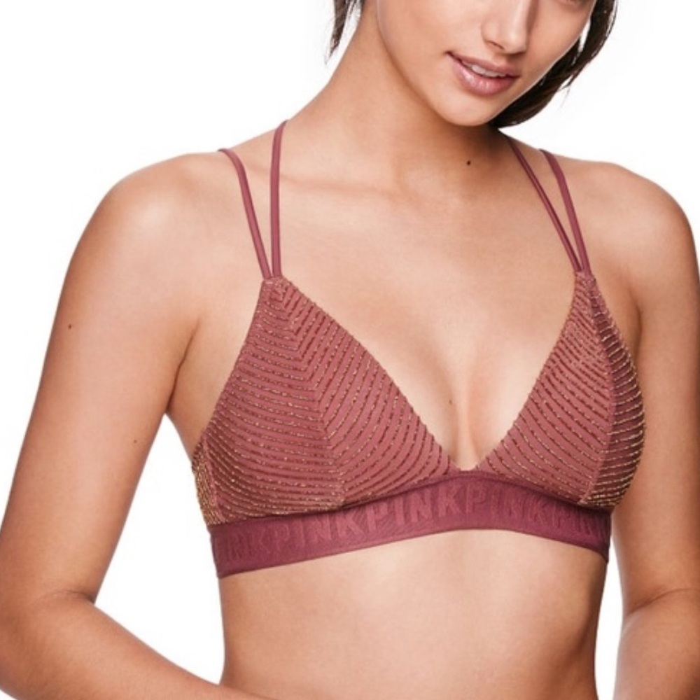 Victoria's Secret PINK Mauve Gold Shimmer Ribbed Strappy Bralette Sz S
